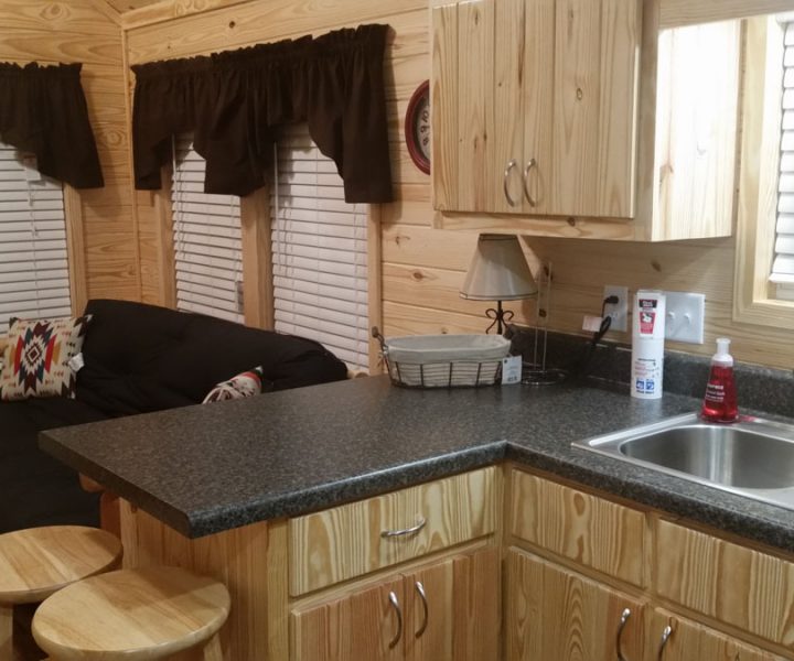 white river cabin kitchen and seating area