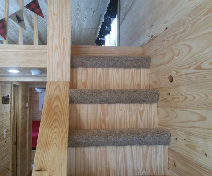 white river cabin interior carpeted stairs
